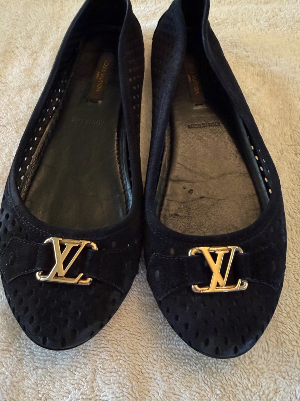 Louis Vuitton Black Suede Ballet Flats with Gold LV Buckle - Picture 2 of 12